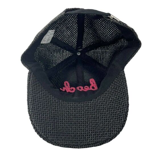 Beach Bum Hat Black Woven Baseball Cap Pink Embroidery Womens OS Strap Back NEW - Picture 5 of 7
